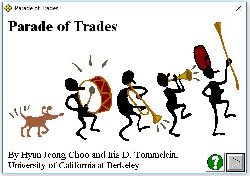 Parade of Trades with four musicians and a dog. Cover image of the Parade of Trades computer game.