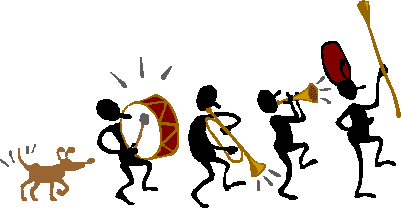 Parade with four musicians and a dog.